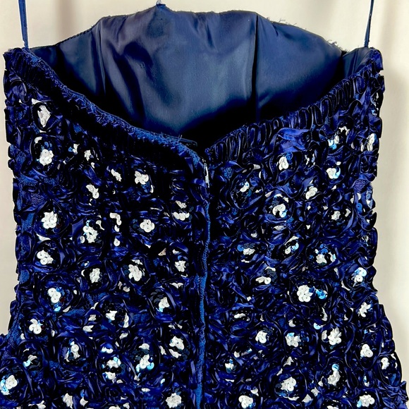 Vtg 80s Victor Costa Blue  Lace Swirl Sequin Strapless Dress Cotton Blend SZ 6 - Picture 6 of 10